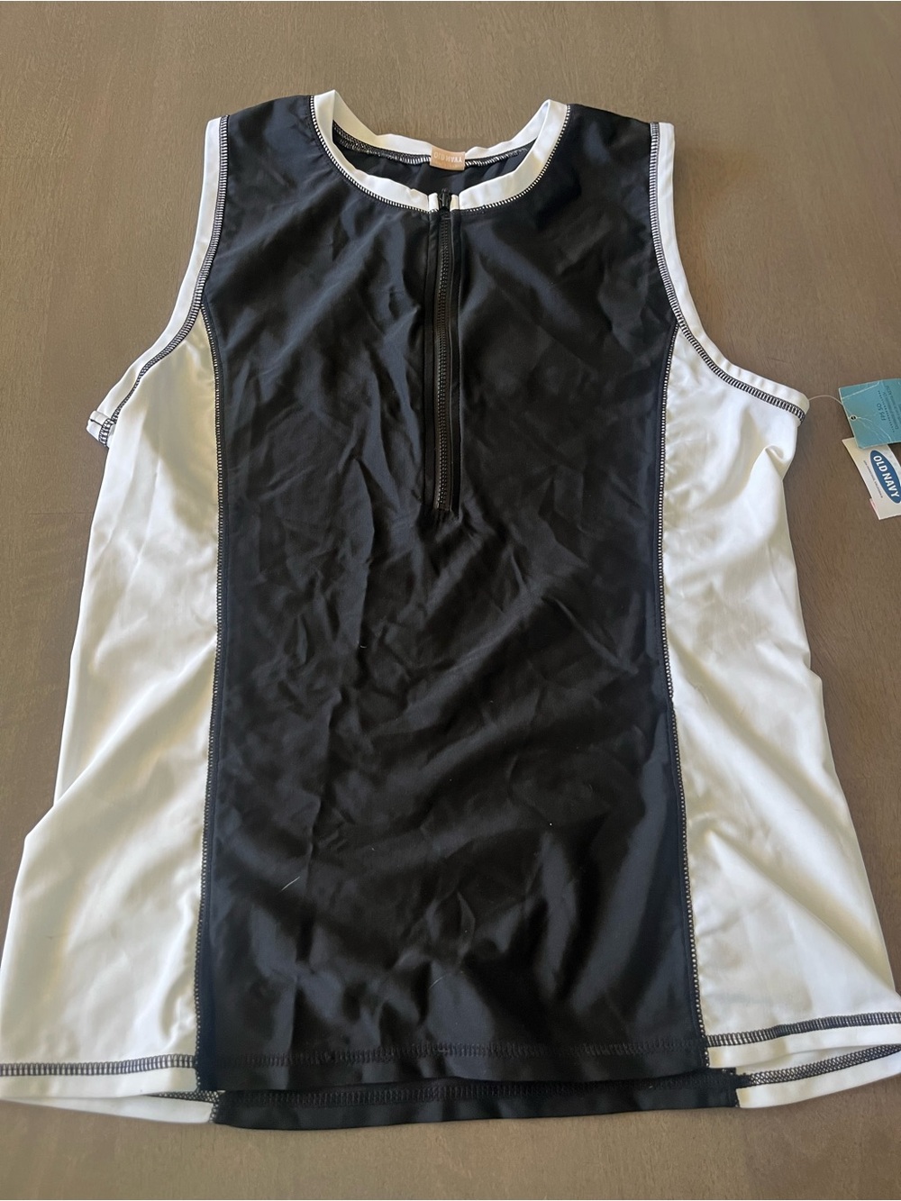 Old Navy Black and White Sleeveless Swim Tank Top with Front Zip